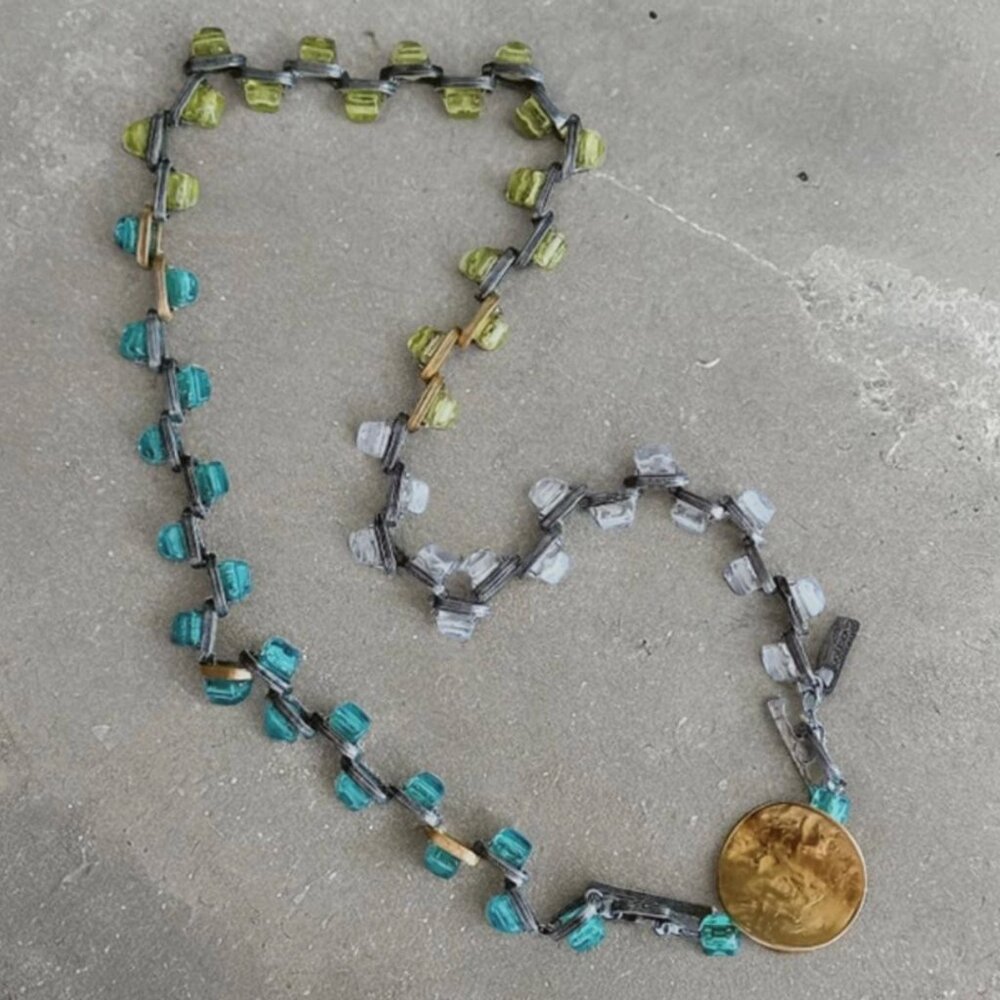 Anne-Marie Chagnon Handcrafted Modernist Glass Pewter Gold Necklace Canadian